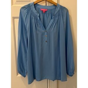 Lilly Pulitzer XL Blue 100% Silk Smocked Split Neck Button Blouse Top